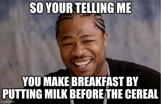 So Your Telling Me | SO YOUR TELLING ME; YOU MAKE BREAKFAST BY PUTTING MILK BEFORE THE CEREAL | image tagged in memes,yo dawg heard you | made w/ Imgflip meme maker