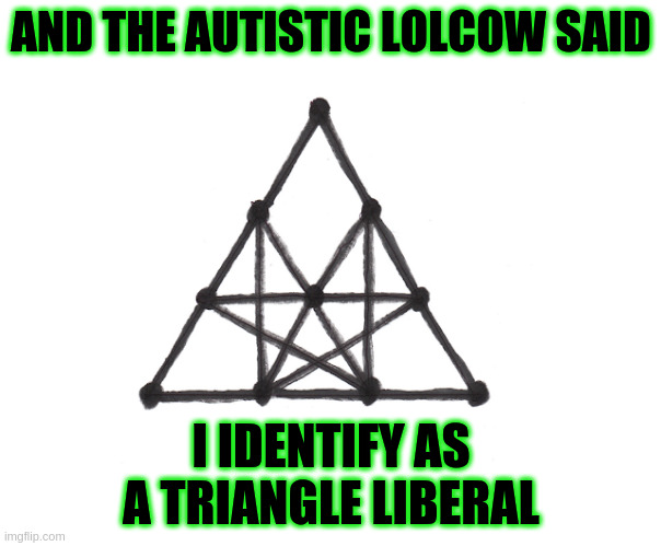Autism Meme | AND THE AUTISTIC LOLCOW SAID; I IDENTIFY AS A TRIANGLE LIBERAL | image tagged in autism,gender,wtf | made w/ Imgflip meme maker