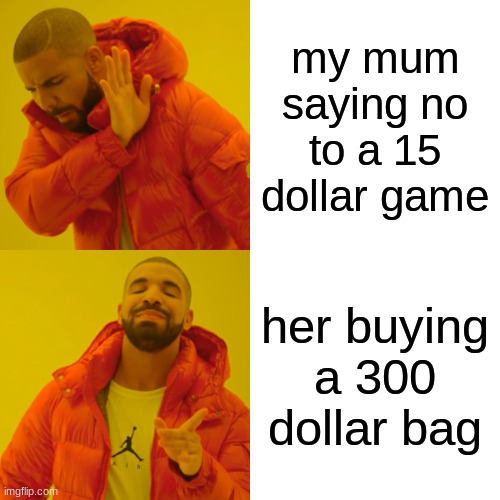 Drake Hotline Bling | my mum saying no to a 15 dollar game; her buying a 300 dollar bag | image tagged in memes,drake hotline bling | made w/ Imgflip meme maker