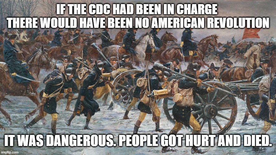 IF THE CDC HAD BEEN IN CHARGE 
THERE WOULD HAVE BEEN NO AMERICAN REVOLUTION; IT WAS DANGEROUS. PEOPLE GOT HURT AND DIED. | made w/ Imgflip meme maker