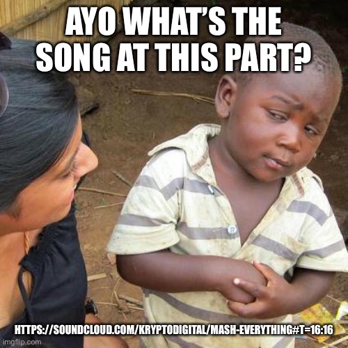 It’s in the comments as well | AYO WHAT’S THE SONG AT THIS PART? HTTPS://SOUNDCLOUD.COM/KRYPTODIGITAL/MASH-EVERYTHING#T=16:16 | image tagged in memes,third world skeptical kid | made w/ Imgflip meme maker