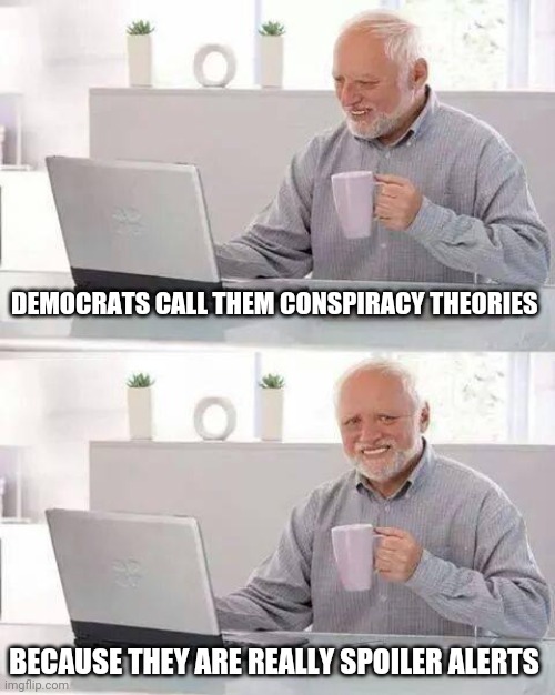 Democrats | DEMOCRATS CALL THEM CONSPIRACY THEORIES; BECAUSE THEY ARE REALLY SPOILER ALERTS | image tagged in memes,hide the pain harold,democrats,conspiracy,conspiracy theory,spoilers | made w/ Imgflip meme maker