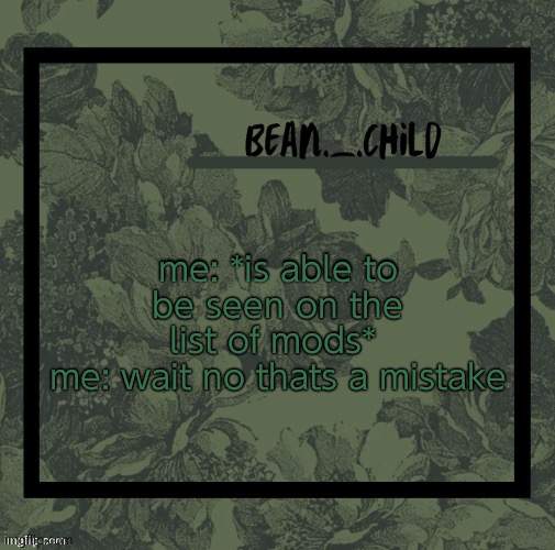 beans army green temp | me: *is able to be seen on the list of mods* 
me: wait no thats a mistake | image tagged in beans army green temp,gey | made w/ Imgflip meme maker