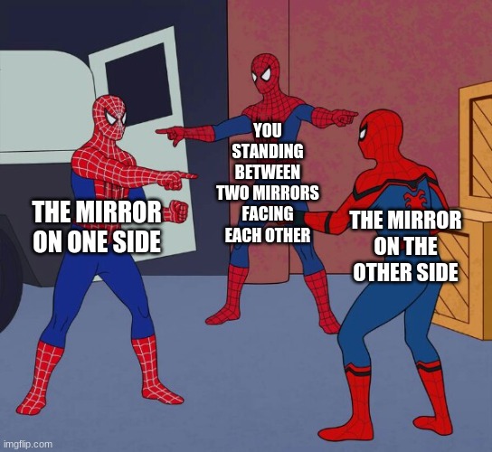mirror | YOU STANDING BETWEEN TWO MIRRORS FACING EACH OTHER; THE MIRROR ON ONE SIDE; THE MIRROR ON THE OTHER SIDE | image tagged in spider man triple | made w/ Imgflip meme maker
