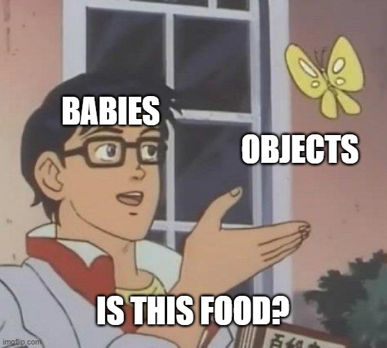 Babies be like | BABIES; OBJECTS; IS THIS FOOD? | image tagged in memes,is this a pigeon,babies,baby,food | made w/ Imgflip meme maker