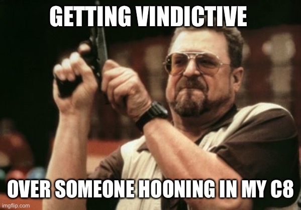 Am I The Only One Around Here Meme | GETTING VINDICTIVE; OVER SOMEONE HOONING IN MY C8 | image tagged in memes,am i the only one around here | made w/ Imgflip meme maker