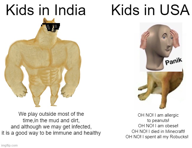 Indian kids were and are and will be better | Kids in India; Kids in USA; We play outside most of the time,in the mud and dirt,
and although we may get infected,
it is a good way to be immune and healthy; OH NO! I am allergic to peanuts!
OH NO! I am obese!
OH NO! I died in Minecraft!
OH NO! I spent all my Robucks! | image tagged in memes,buff doge vs cheems | made w/ Imgflip meme maker