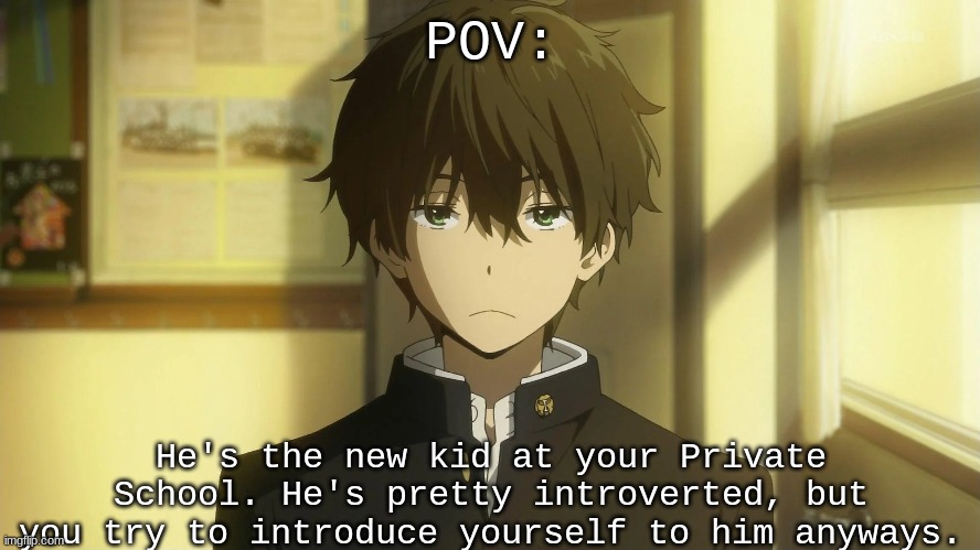 Suggestions can also be made, tell me a roleplay I should make next in the comments, if you have one- | POV:; He's the new kid at your Private School. He's pretty introverted, but you try to introduce yourself to him anyways. | image tagged in roleplaying | made w/ Imgflip meme maker