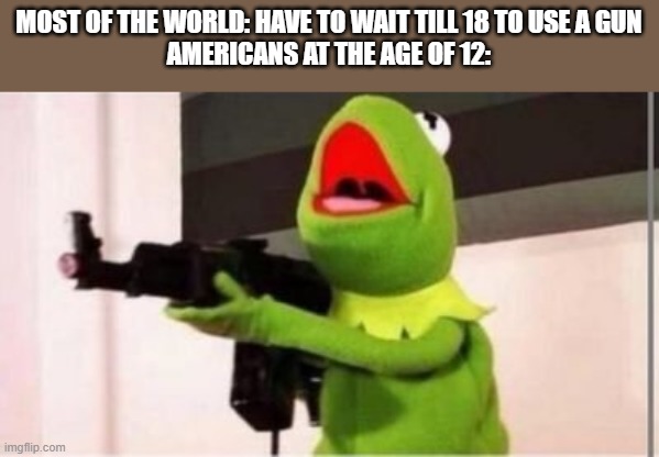 Us Americans and our guns |  MOST OF THE WORLD: HAVE TO WAIT TILL 18 TO USE A GUN
AMERICANS AT THE AGE OF 12: | image tagged in machine gun kermit | made w/ Imgflip meme maker