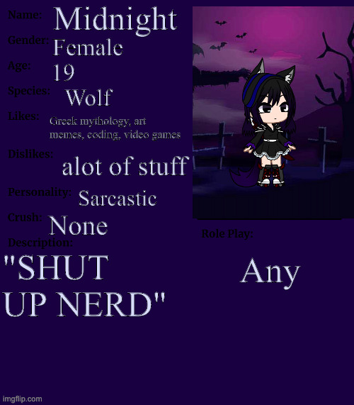 meme | Midnight; Female; 19; Wolf; Greek mythology, art memes, coding, video games; alot of stuff; Sarcastic; None; "SHUT UP NERD"; Any | image tagged in oof | made w/ Imgflip meme maker