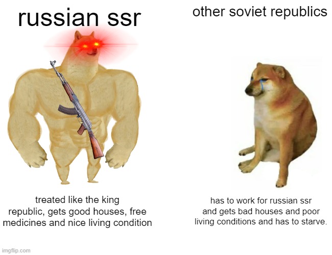 USSR be like: | russian ssr; other soviet republics; treated like the king republic, gets good houses, free medicines and nice living condition; has to work for russian ssr and gets bad houses and poor living conditions and has to starve. | image tagged in memes,buff doge vs cheems | made w/ Imgflip meme maker