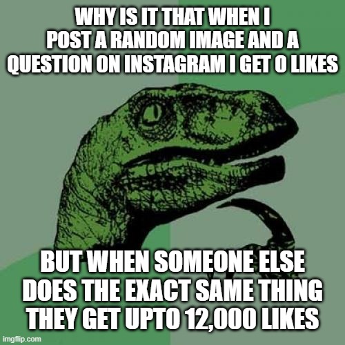 Philosoraptor Meme | WHY IS IT THAT WHEN I POST A RANDOM IMAGE AND A QUESTION ON INSTAGRAM I GET O LIKES; BUT WHEN SOMEONE ELSE DOES THE EXACT SAME THING THEY GET UPTO 12,000 LIKES | image tagged in memes,philosoraptor,memes | made w/ Imgflip meme maker