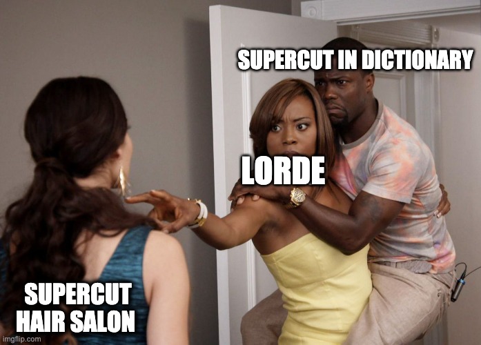 Woman Holding Kevin Hart | SUPERCUT IN DICTIONARY; LORDE; SUPERCUT HAIR SALON | image tagged in woman holding kevin hart | made w/ Imgflip meme maker