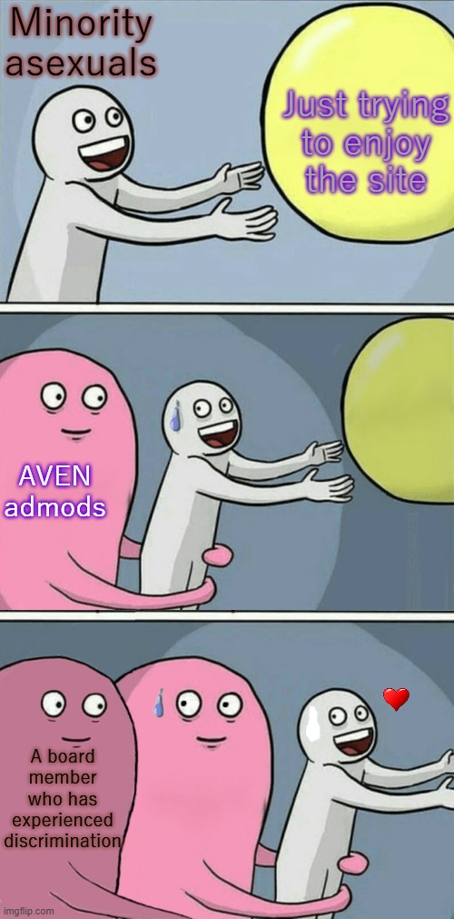Staff members are quitting after being called out for their actions! | Minority asexuals; Just trying
to enjoy
the site; AVEN admods; A board member who has experienced discrimination | image tagged in running away balloon 2,asexual visibility and education network,racism | made w/ Imgflip meme maker