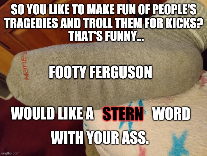 Footy Ferguson's first target. | SO YOU LIKE TO MAKE FUN OF PEOPLE'S TRAGEDIES AND TROLL THEM FOR KICKS? THAT'S FUNNY... FOOTY FERGUSON; STERN; WORD; WOULD LIKE A; WITH YOUR ASS. | image tagged in hate trolls need to go,when a body part has its own agenda | made w/ Imgflip meme maker