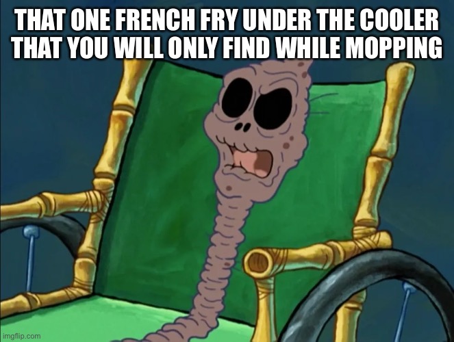That one French fry | THAT ONE FRENCH FRY UNDER THE COOLER THAT YOU WILL ONLY FIND WHILE MOPPING | image tagged in that one french fry,KitchenConfidential | made w/ Imgflip meme maker