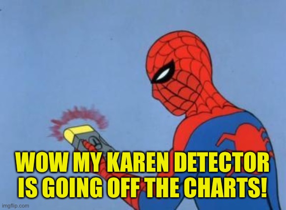 spiderman detector | WOW MY KAREN DETECTOR IS GOING OFF THE CHARTS! | image tagged in spiderman detector | made w/ Imgflip meme maker