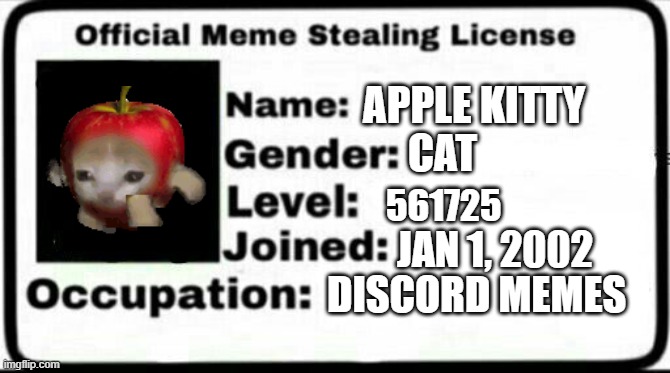 Apple kitty meme stealing license | APPLE KITTY; CAT; 561725; JAN 1, 2002; DISCORD MEMES | image tagged in meme stealing license | made w/ Imgflip meme maker