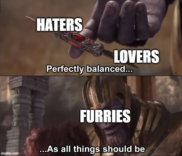 knitting pickle | HATERS; LOVERS; FURRIES | image tagged in thanos perfectly balanced as all things should be | made w/ Imgflip meme maker