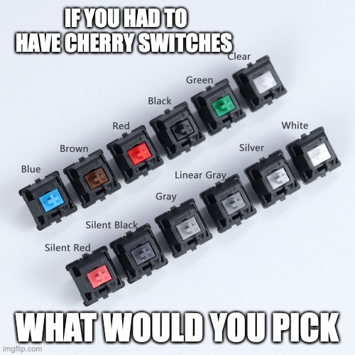 cherry switches | IF YOU HAD TO HAVE CHERRY SWITCHES; WHAT WOULD YOU PICK | image tagged in keyboard | made w/ Imgflip meme maker