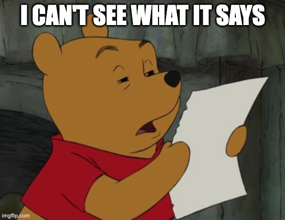 Winnie the Pooh reading | I CAN'T SEE WHAT IT SAYS | image tagged in winnie the pooh reading | made w/ Imgflip meme maker