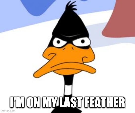 Daffy Duck not amused | I'M ON MY LAST FEATHER | image tagged in daffy duck not amused | made w/ Imgflip meme maker