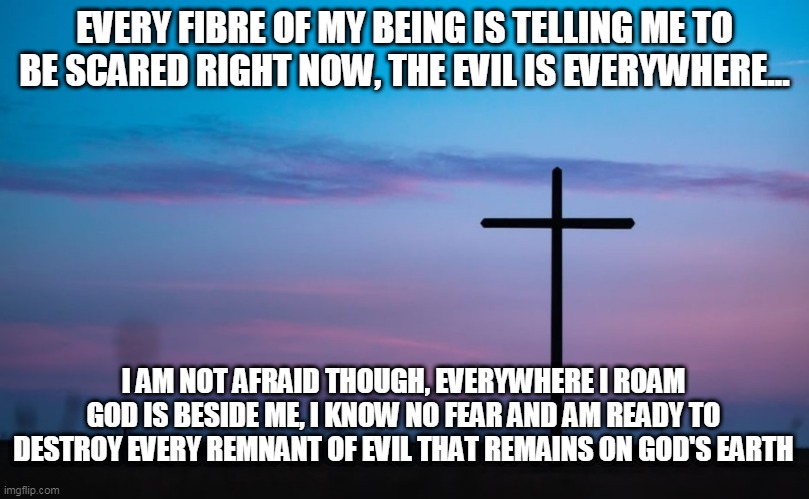 EVERY FIBRE OF MY BEING IS TELLING ME TO BE SCARED RIGHT NOW, THE EVIL IS EVERYWHERE... I AM NOT AFRAID THOUGH, EVERYWHERE I ROAM GOD IS BESIDE ME, I KNOW NO FEAR AND AM READY TO DESTROY EVERY REMNANT OF EVIL THAT REMAINS ON GOD'S EARTH | image tagged in god | made w/ Imgflip meme maker