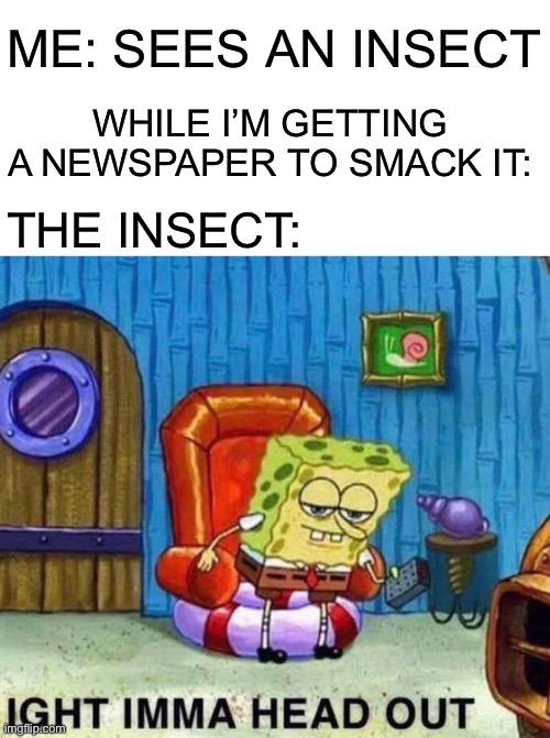 Spongebob Ight Imma Head Out | ME: SEES AN INSECT; WHILE I’M GETTING A NEWSPAPER TO SMACK IT:; THE INSECT: | image tagged in memes,spongebob ight imma head out | made w/ Imgflip meme maker