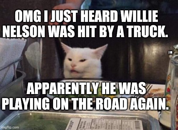 Salad cat | OMG I JUST HEARD WILLIE NELSON WAS HIT BY A TRUCK. J M; APPARENTLY HE WAS PLAYING ON THE ROAD AGAIN. | image tagged in salad cat | made w/ Imgflip meme maker