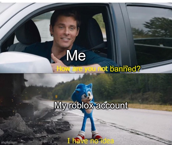 I have said a lot of not good things on there, and have been reported many times | Me; banned? My roblox account | image tagged in sonic how are you not dead,roblox,sonic,bruh | made w/ Imgflip meme maker
