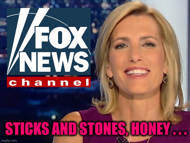 Laura Ingraham Fox News | STICKS AND STONES, HONEY . . . | image tagged in laura ingraham fox news | made w/ Imgflip meme maker