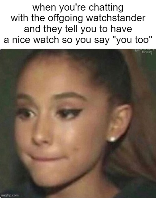 Ariana Grande | when you're chatting with the offgoing watchstander and they tell you to have a nice watch so you say "you too" | image tagged in ariana grande | made w/ Imgflip meme maker