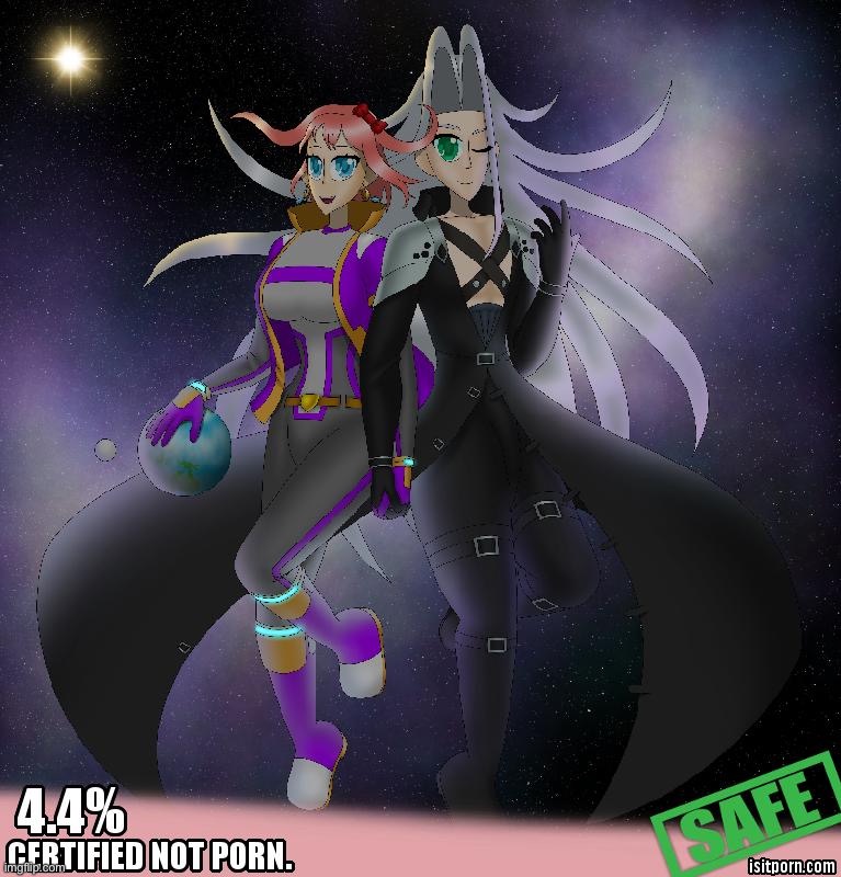 Thank goodness I’m not a p*rn artist :p | image tagged in sayori and sephiroth | made w/ Imgflip meme maker