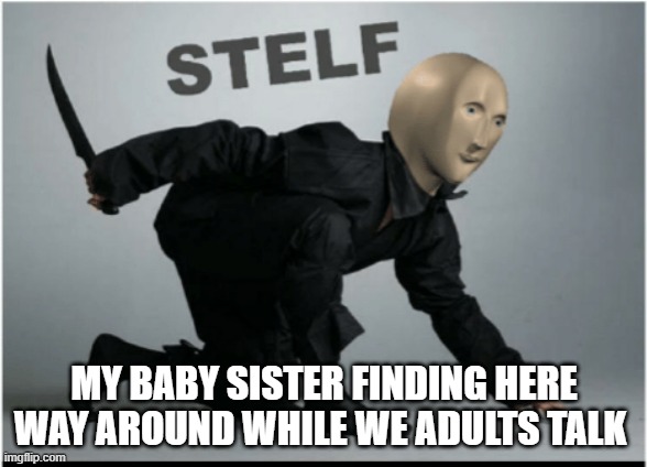Another person's meme made me use this template | MY BABY SISTER FINDING HERE WAY AROUND WHILE WE ADULTS TALK | image tagged in stelf | made w/ Imgflip meme maker