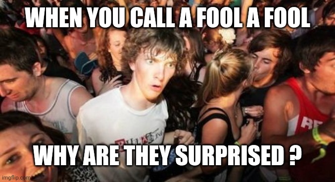 Sudden Clarity Clarence Meme | WHEN YOU CALL A FOOL A FOOL WHY ARE THEY SURPRISED ? | image tagged in memes,sudden clarity clarence | made w/ Imgflip meme maker