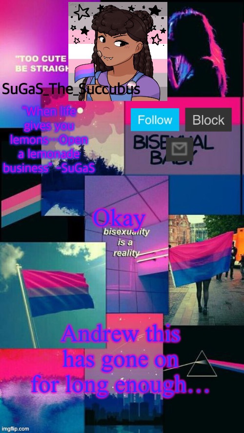 This is just attention seeking and annoying. You’ll get next to no votes | Okay; Andrew this has gone on for long enough… | image tagged in bi demigirl sts/smc announcement temp | made w/ Imgflip meme maker