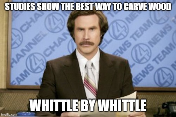 Ron Burgundy |  STUDIES SHOW THE BEST WAY TO CARVE WOOD; WHITTLE BY WHITTLE | image tagged in memes,ron burgundy | made w/ Imgflip meme maker
