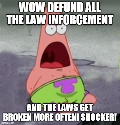 Suprised Patrick | WOW DEFUND ALL THE LAW INFORCEMENT AND THE LAWS GET BROKEN MORE OFTEN! SHOCKER! | image tagged in suprised patrick | made w/ Imgflip meme maker