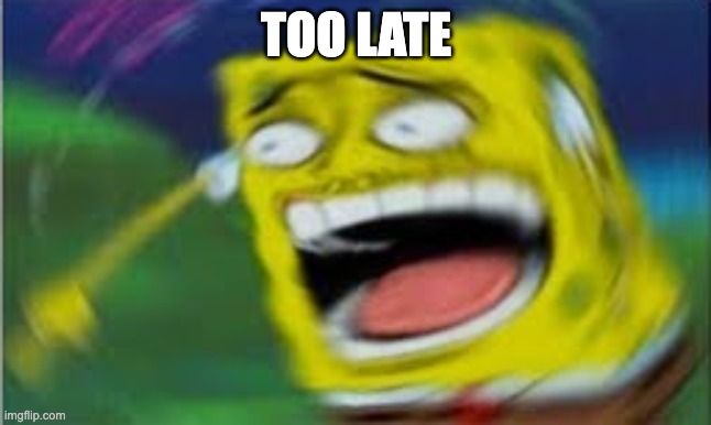 Laughing Spongebob | TOO LATE | image tagged in laughing spongebob | made w/ Imgflip meme maker