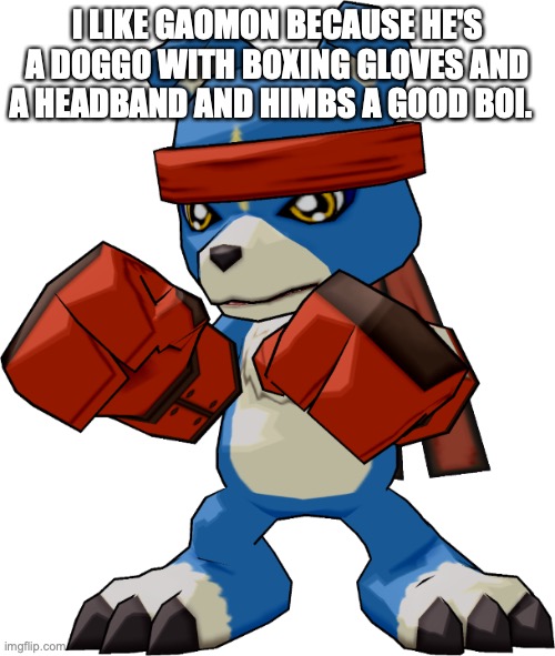 I LIKE GAOMON BECAUSE HE'S A DOGGO WITH BOXING GLOVES AND A HEADBAND AND HIMBS A GOOD BOI. | image tagged in digimon | made w/ Imgflip meme maker
