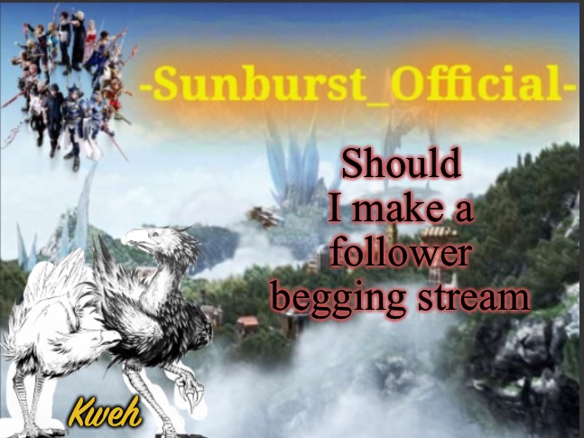 Because people want followers? | Should I make a follower begging stream; Kweh | image tagged in sunburst s chocobo template | made w/ Imgflip meme maker