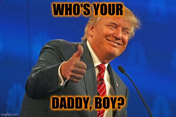 Trump winning smarmy grinning | WHO'S YOUR DADDY, BOY? | image tagged in trump winning smarmy grinning | made w/ Imgflip meme maker