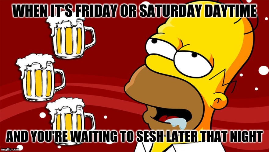 Homer Simpson Drool Beers 3 | WHEN IT'S FRIDAY OR SATURDAY DAYTIME; AND YOU'RE WAITING TO SESH LATER THAT NIGHT | image tagged in homer simpson drool beers 3,memes | made w/ Imgflip meme maker