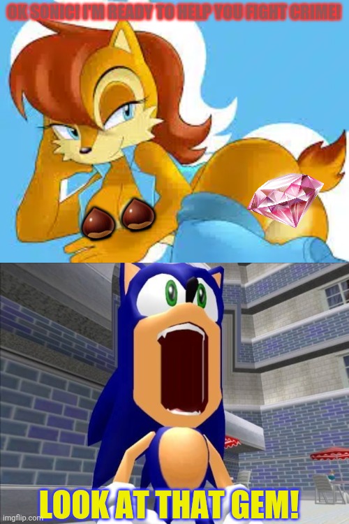 Sally Acorn: chipmunk waifu! | OK SONIC! I'M READY TO HELP YOU FIGHT CRIME! 🌰🌰; LOOK AT THAT GEM! | image tagged in sally acorn,sonic the hedgehog,waifu,chipmunks,anime girl,ass | made w/ Imgflip meme maker