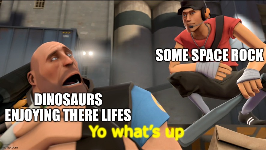 Nightbird | SOME SPACE ROCK; DINOSAURS ENJOYING THERE LIFES; Yo what’s up | image tagged in yo what's up | made w/ Imgflip meme maker