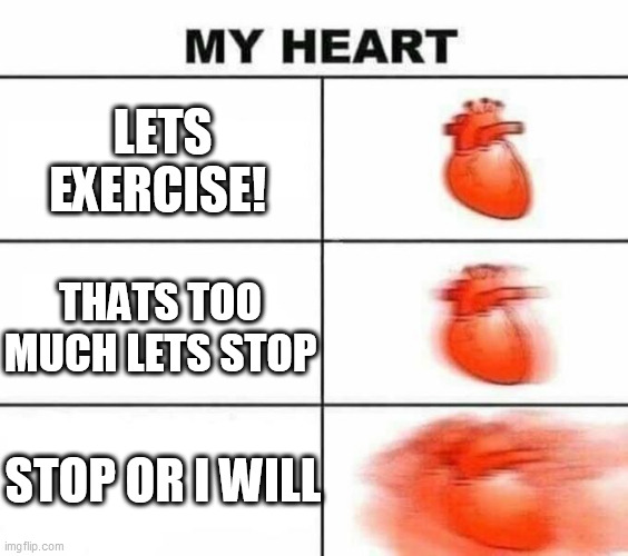 My heart blank | LETS EXERCISE! THATS TOO MUCH LETS STOP; STOP OR I WILL | image tagged in my heart blank | made w/ Imgflip meme maker