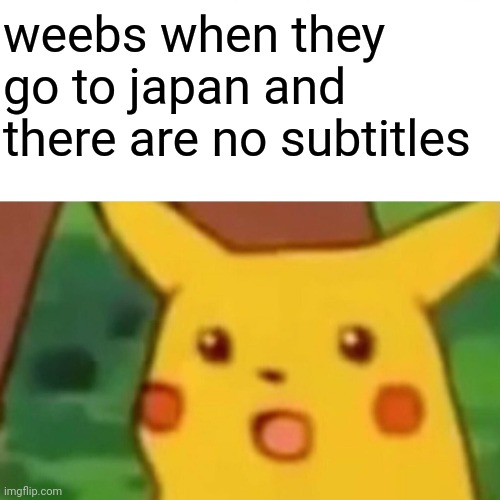 Surprised Pikachu |  weebs when they go to japan and there are no subtitles | image tagged in memes,surprised pikachu,weebs,anime,japan | made w/ Imgflip meme maker