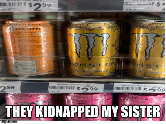 My sister is evil | THEY KIDNAPPED MY SISTER | image tagged in monster energy | made w/ Imgflip meme maker