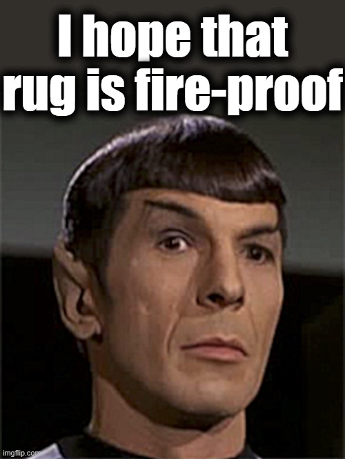 Spock raised eyebrow | I hope that rug is fire-proof | image tagged in spock raised eyebrow | made w/ Imgflip meme maker