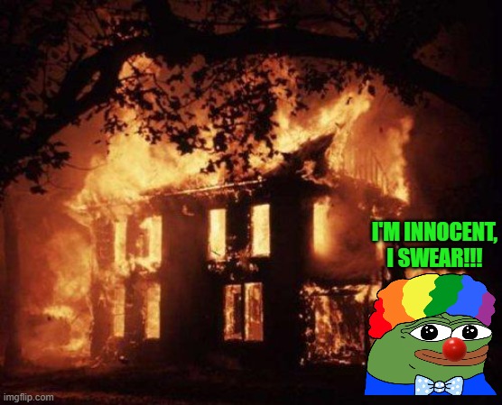 don't vote pepe party if you like your house | I'M INNOCENT, I SWEAR!!! | image tagged in burning house | made w/ Imgflip meme maker